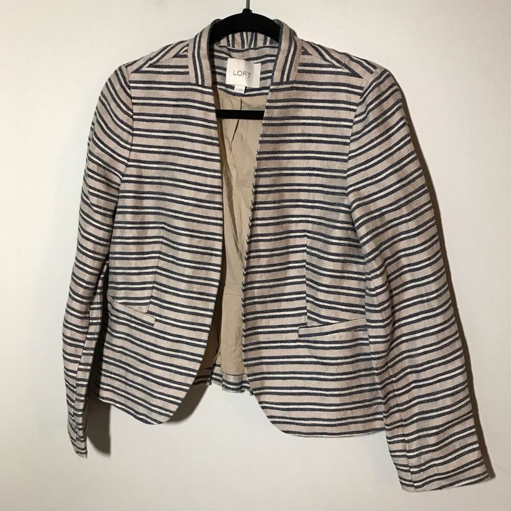 Ann Taylor Loft linen blend blazer jacket striped open front back pleats sz 6